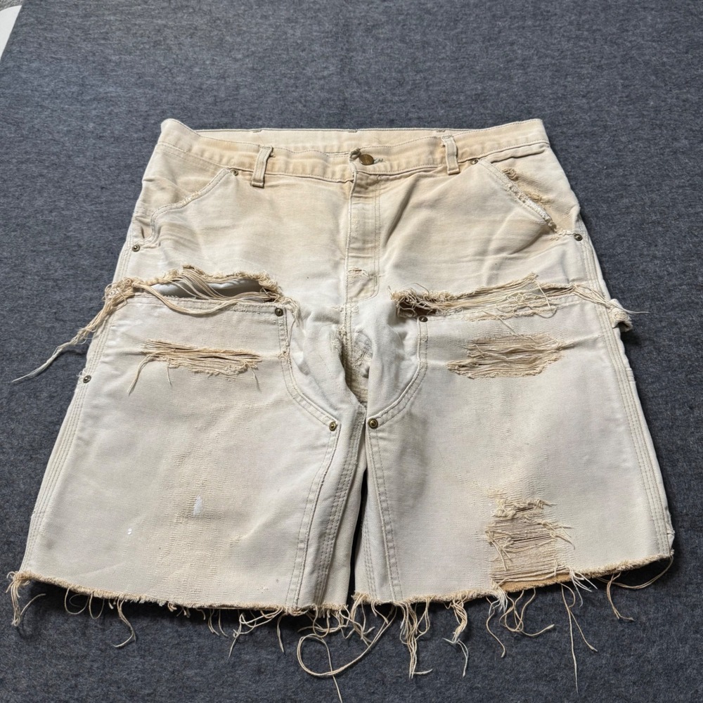 VTG 90s Carhartt Double Knee Shorts Distressed Faded Cream Canvas Carpenter 34x9